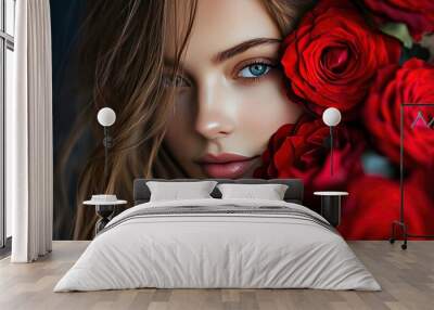 Beautiful girl with red roses on a dark background. Close-up. Portrait of a beautiful woman with red roses. Beauty, cosmetics. Valentines day concept with generative ai Wall mural