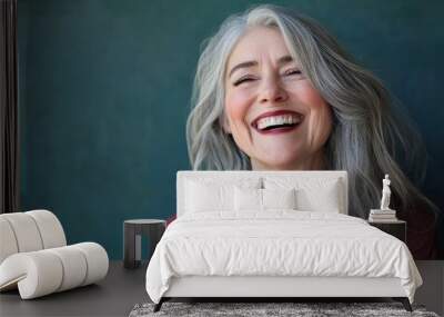 Beautiful gorgeous 50s mid age beautiful elderly senior model woman with grey hair laughing and smiling. Mature old lady close up portrait. Portrait of happy senior woman laughing with generative ai Wall mural