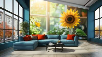 Blur background of natural light indoor photo. Wooden vintage window in the kitchen open with sunflower blooming in the garden. Home gardening and summer morning concept. with generative ai Wall mural