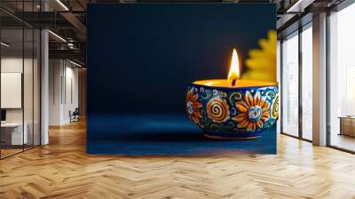 burning decorated ceramic oil lamp diya, on Happy Diwali, Shubh Diwali meaning with beautiful dark blue background, copy space with generative ai Wall mural