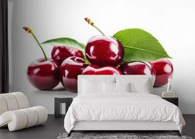 Cherry isolated. Fresh ripe cherries with leaves isolated on a white background.Sweet cherries pile. Berries and fruits. Vegan. Healthy eating with generative ai Wall mural