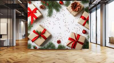 Christmas fir branches, gift boxes with red ribbon, red decoration, sparkles and confetti on white background. Xmas and New Year greeting card, winter holiday. with generative ai Wall mural