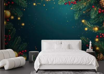 Christmas garland long banner. Green fir branches with glitter light, golden stars and red berries border. Xmas evergreen plant frame. Winter Holiday background. with generative ai Wall mural