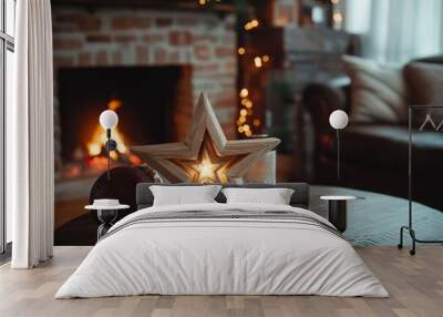 Christmas modern decoration on table against burning fireplace. Stylish wooden star decor in festive room, christmas eve time. with generative ai Wall mural