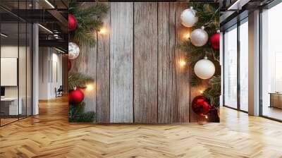 Christmas tree with red and white baubles and lights against an old wood background with generative ai Wall mural