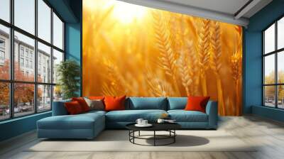 Close-up Of Ripe Golden Wheat With Sunlight - Harvest Time Concept with generative ai Wall mural