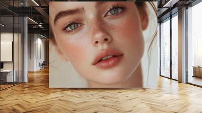 Close-up photo of a beautiful young woman's face with fresh and smooth skin and pink lips with a light background _ smooth skin with skin and body care with generative ai Wall mural