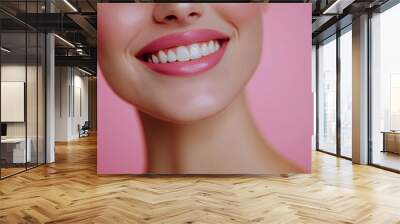 Close-up photo portrait of woman smiling mouth lips teeth isolated on pastel pink colored background with generative ai Wall mural