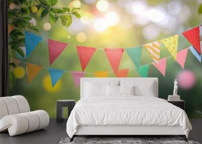 Colorful bunting flags on bokeh background for summer garden event party, celebration concept with generative ai Wall mural