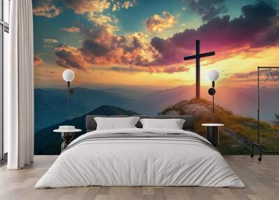 Cross, crucifixion, Jesus Christ on the mountain With a sunset background with generative ai Wall mural