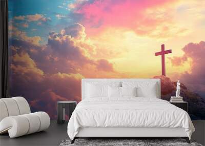 Cross of Jesus Christ in the sky with clouds. Christian easter. Conceptual religious symbol. Cross on top of a mountain, on a background of sky, clouds and beautiful sunset, with generative ai Wall mural