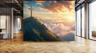 Cross of Jesus Christ in the sky with clouds. Christian easter. Conceptual religious symbol. Cross on top of a mountain, on a background of sky, clouds and beautiful sunset, with generative ai Wall mural