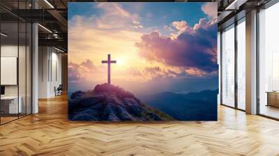 Cross of Jesus Christ in the sky with clouds. Christian easter. Conceptual religious symbol. Cross on top of a mountain, on a background of sky, clouds and beautiful sunset, with generative ai Wall mural