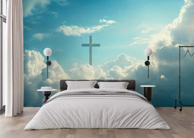 Cross of Jesus Christ in the sky with clouds. Christian easter. Conceptual religious symbol. with generative ai Wall mural