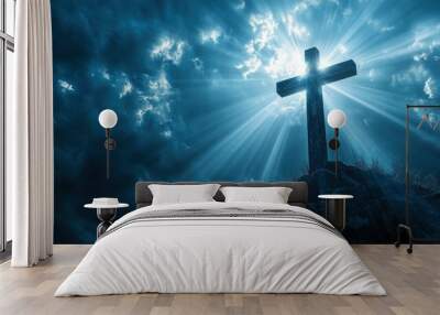 cross of jesus christ on sorrow darkness and bright light and rays background with generative ai Wall mural