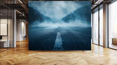 Dark street, asphalt abstract dark blue background, empty dark mountain range scene, with smoke mist cold white float up for display products with generative ai Wall mural