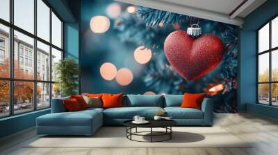 Decorative heart on Christmas tree, closeup. Festive background. Beautiful Christmas heart on blurred background, closeup with generative ai Wall mural