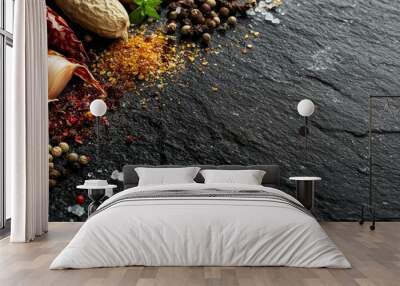 Different kind of spices on a black stone background with generative ai Wall mural