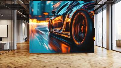 Dynamic running car on road, city background with generative ai Wall mural