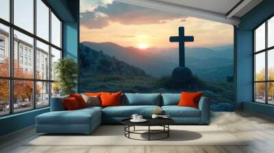 Easter and Good Friday concept, Empty tombstone with cross on mountain sunrise background with generative ai Wall mural