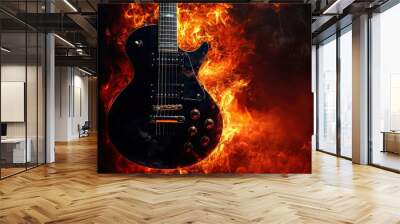 Electric guitar on fire background. Electric guitar on a dark background. Musical instrument with generative ai Wall mural