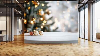 Empty christmas background. Christmas tree backdrop. Xmas holiday celebration blank pedestal. White table top in front, winter celebration bokeh effect. Happy New Year banner with generative ai Wall mural