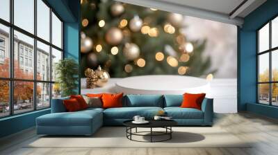 Empty christmas background. Christmas tree backdrop. Xmas holiday celebration blank pedestal. White table top in front, winter celebration bokeh effect. Happy New Year banner with generative ai Wall mural