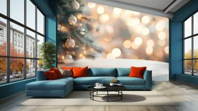 Empty christmas background. Christmas tree backdrop. Xmas holiday celebration blank pedestal. White table top in front, winter celebration bokeh effect. Happy New Year banner with generative ai Wall mural