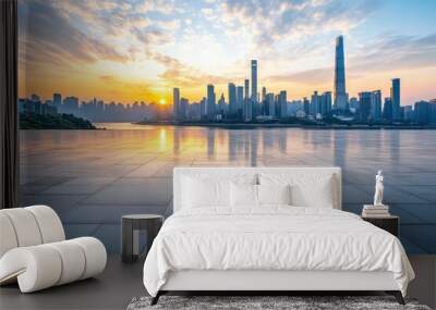 Empty square floors and city skyline with modern buildings in Chongqing at sunrise with generative ai Wall mural