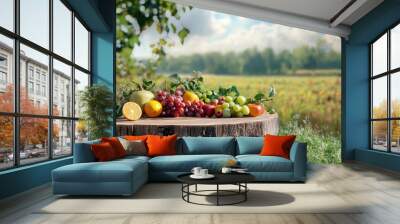 Farm wood nature field fruit table product grass garden background stand green food. Nature wood landscape morning farm outdoor sky podium forest with generative ai Wall mural