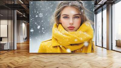 Fashionable beautiful young woman in yellow coat and scarf with snowflakes. Fashion woman cloth flyer design. Beauty, fashion. Advertisement concept with generative ai Wall mural