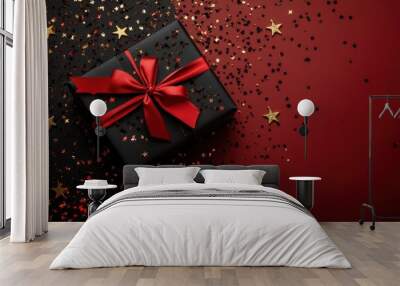 Festive Black Friday surprise! Top view black gift box, adorned with vibrant red ribbon, surrounded by golden star-shaped confetti, with generative ai Wall mural