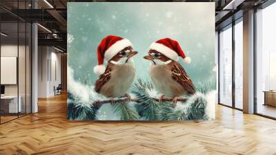 festive new year card with two little funny birds sparrows sit in the winter garden under a spruce branch in red Santa hats with generative ai Wall mural