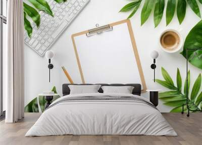 Flat lay, office desk table with top view. Workspace with blank clipboard, keyboard, office supplies, pencils, green leaves and coffee cup on white background with generative ai Wall mural