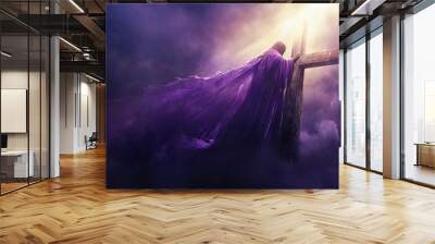 Flowing Purple Robe On Wooden Cross With Light From Heaven Shining Through The Clouds - The Resurrection And Ascension Of Jesus Christ with generative ai Wall mural