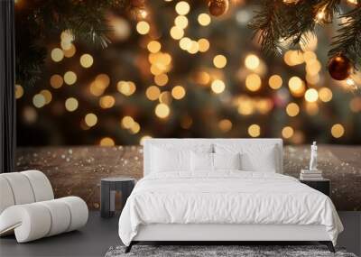 Glittering Christmas holiday background with empty wooden table in front with generative ai Wall mural