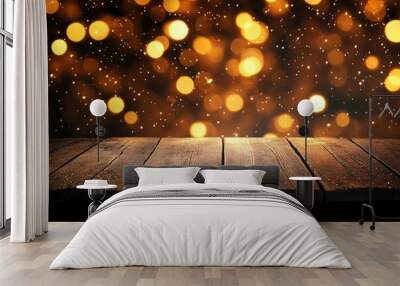 Glittering Christmas holiday background with empty wooden table in front with generative ai Wall mural