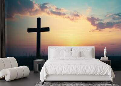 Good Friday. Friday before Easter. Christian cross against the sunset with generative ai Wall mural