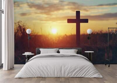 Good Friday. Friday before Easter. Christian cross against the sunset with generative ai Wall mural