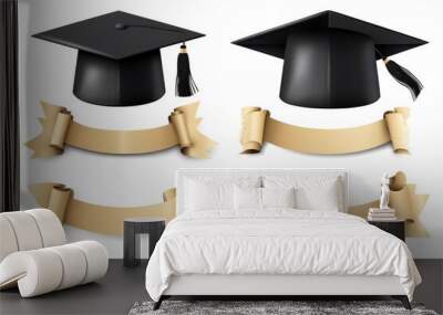 Graduate college, high school or university cap set isolated on white background. Black 3d degree ceremony hat with paper banner. geneative ai Wall mural