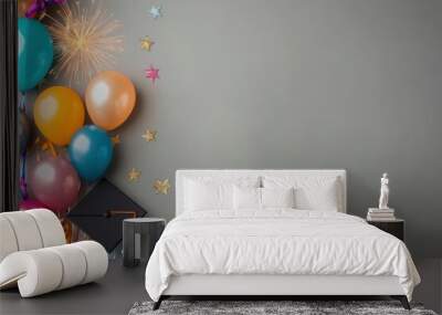 Graduation background with balloons, graduation caps, ribbons and fireworks on grey background. Free space for text. Festive graduation celebration party .geneative ai Wall mural