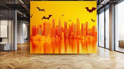 Halloween 2022. City panorama in halloween style. Scary halloween isolated background. Orange and yellow background. Vector illustration, 3d render with generative ai Wall mural