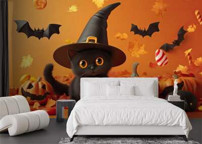 Halloween pumpkin, witch hat, cute black cat, sweet candy, flying bat. 3d vector render poster elements. Vampire magician party invite sticker. Happy scary character for fall gift. wit generative ai Wall mural