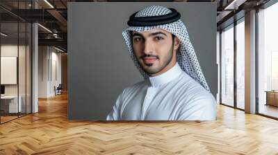 Handsome arab middle-eastern man with traditional kandora in studio - Arabic muslim adult male portrait wearing emirate clothing in Dubai, United Arab Emirates with generative ai Wall mural