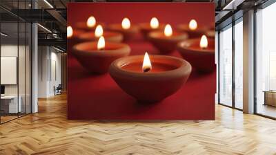 Happy Diwali - Clay Diya lamps lit during Diwali, Hindu festival of lights celebration. Colorful traditional oil lamp diya on red background with generative ai Wall mural