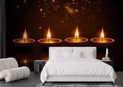 Happy Diwali. Diya oil lamps against dark background with generative ai Wall mural