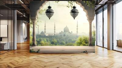 islamic decorative with arabic lantern background and mosque in beautifull view landscape nature with generative ai Wall mural