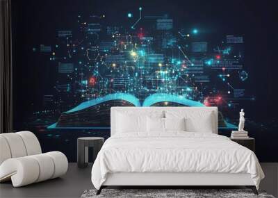 Learn online book in digital futuristic style. Infographics and book, the concept of new technologies in e-education or e-book. with generative ai Wall mural