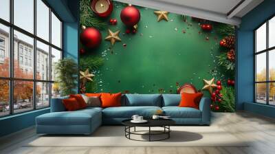 Magnificent Christmas decor to enjoyable party. Top view of gleaming balls, star-shaped candles, scattered confetti, frosted pine branches, festive holly berries on verdant backdrop with generative ai Wall mural