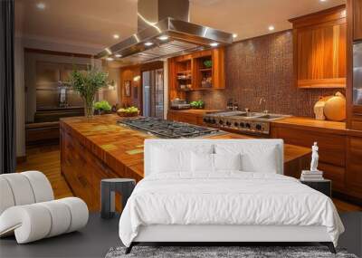 Modern contemporary spacious kitchen room with wooden kitchen countertop for montage with generative ai Wall mural